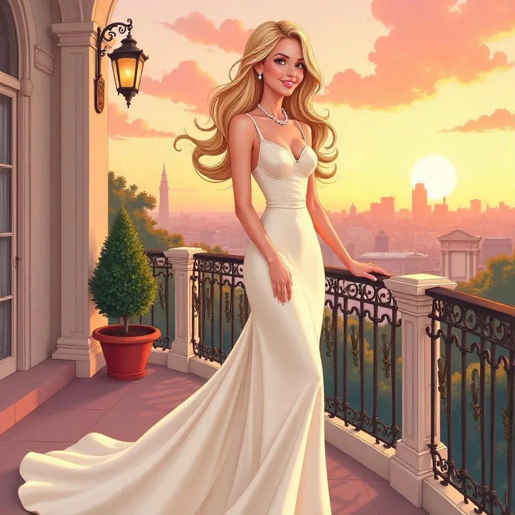 Elegant Cartoon Balcony Portrait of a White Woman