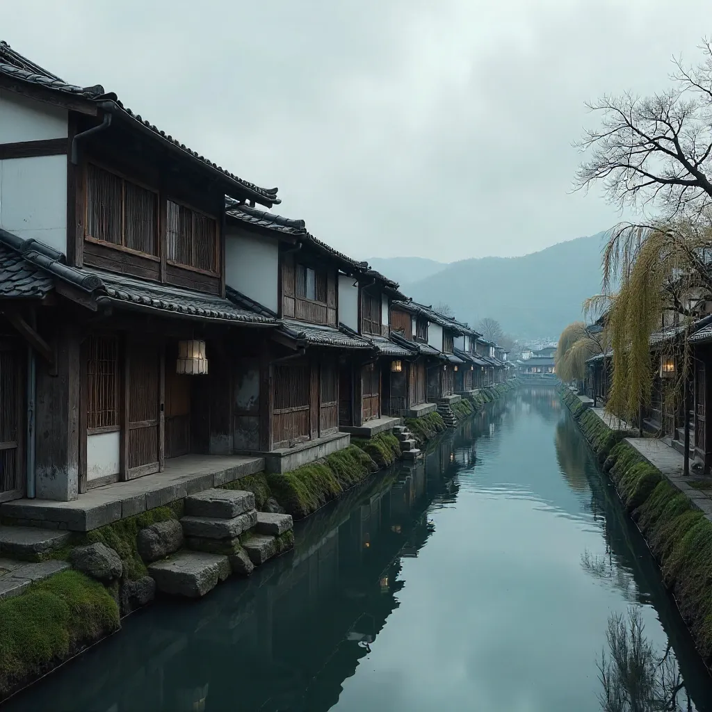 Machiya Along Kyoto's Kamo River Under a Cloudy Sky