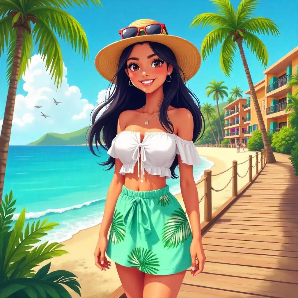 Latina Anime Woman at a Tropical Beach Resort