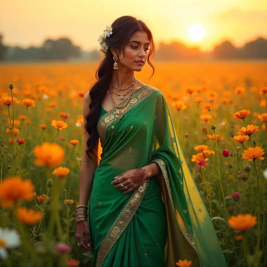 Golden Hour Indian Beauty in a Field of Flowers