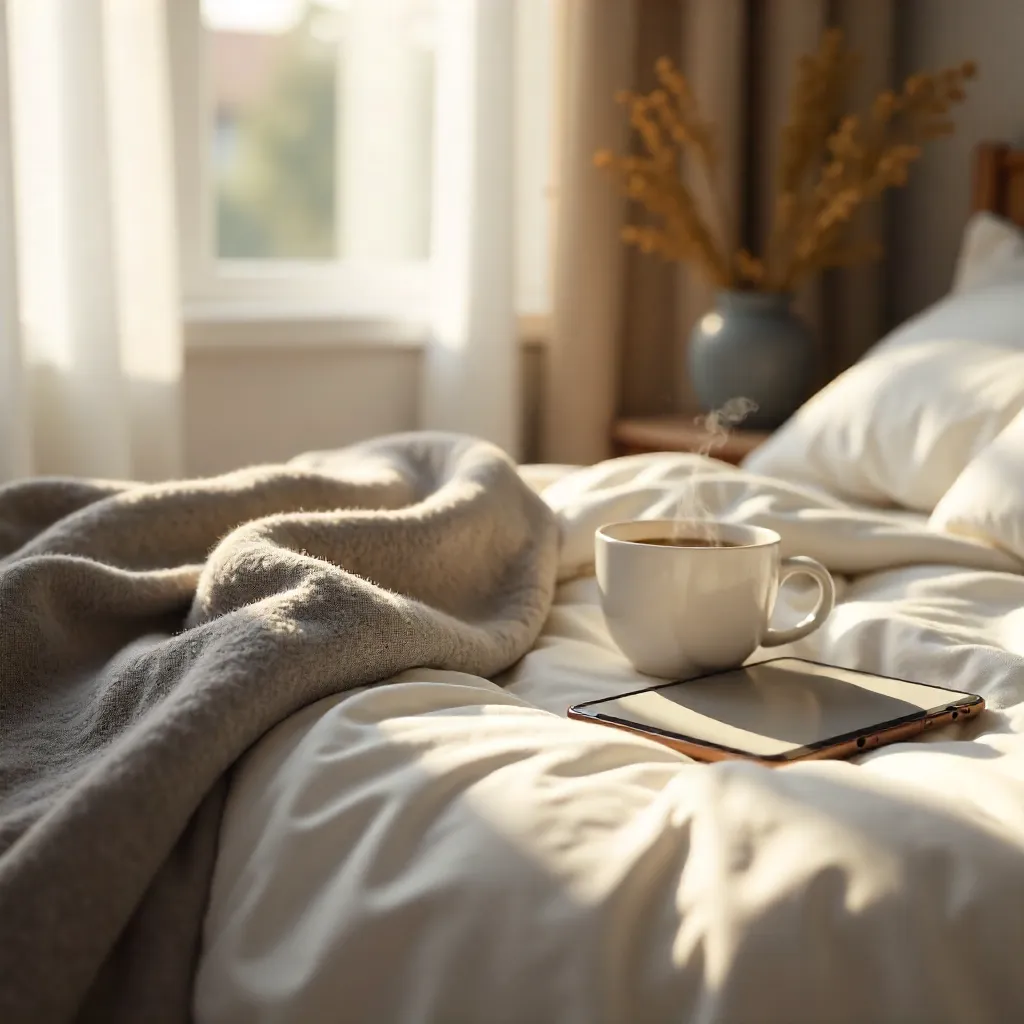 Cozy Bedside Brew: Coffee and Tablet Moment