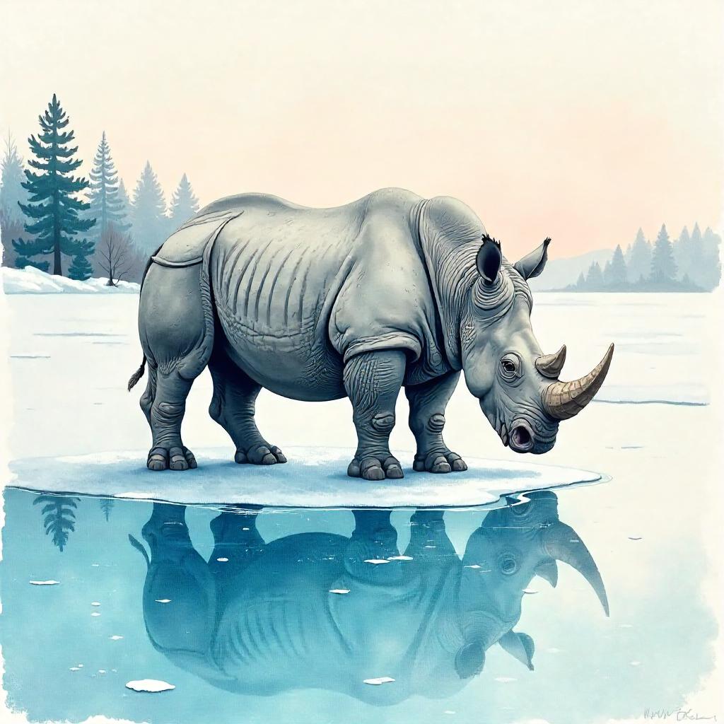 Watercolor Rhino on a Frozen Lake