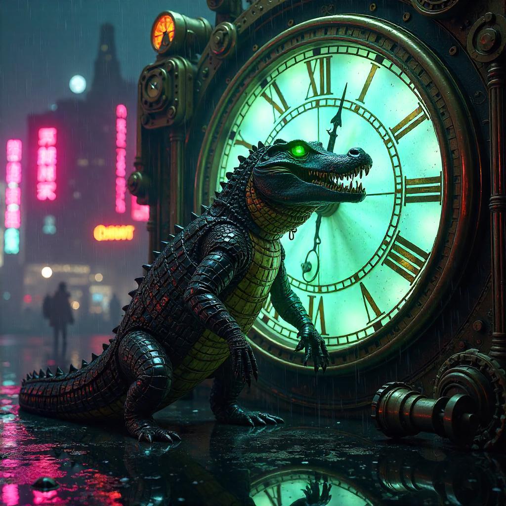 Crocodile Cyberpunk in a Giant Clock Tower