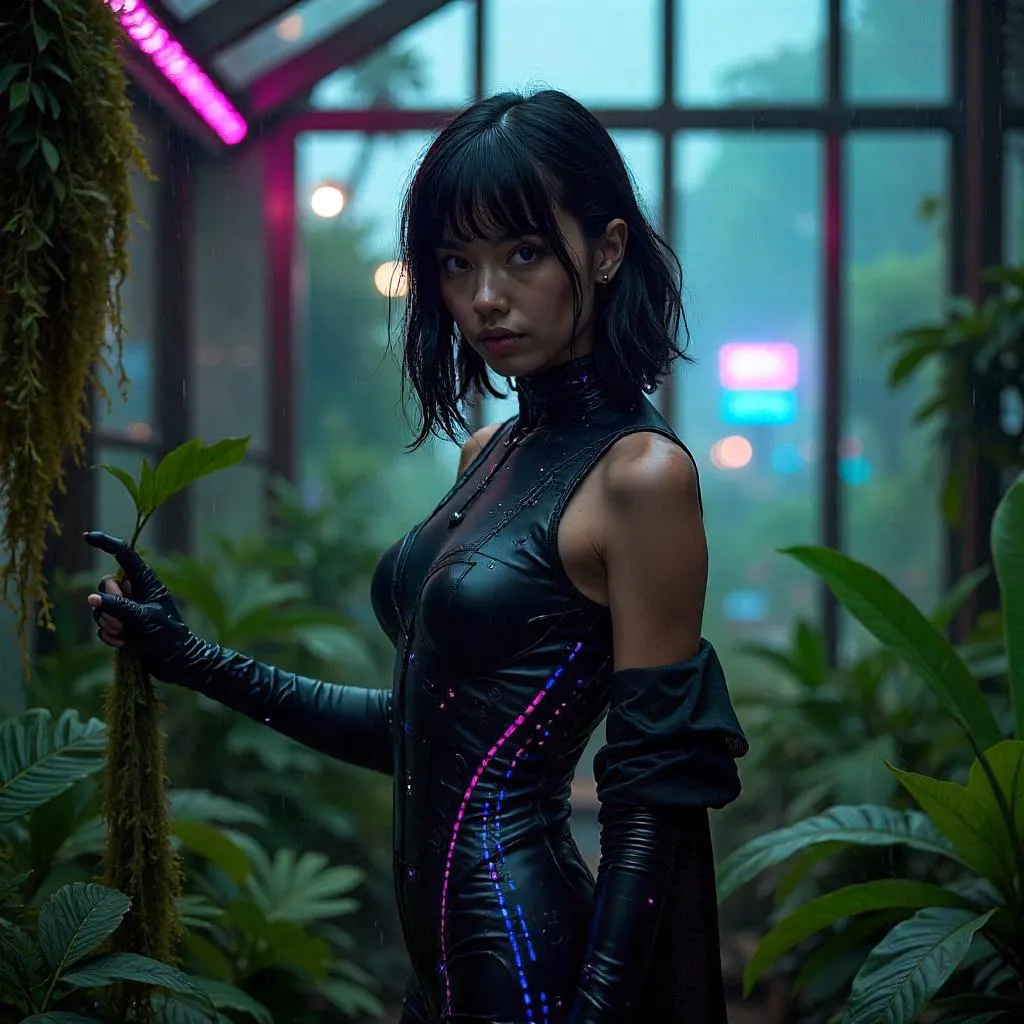 Latina Cyberpunk in a Neon Conservatory