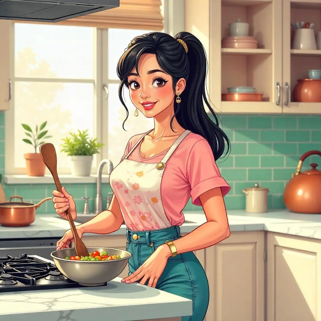 Stylish Asian Woman in a Cartoon Kitchen
