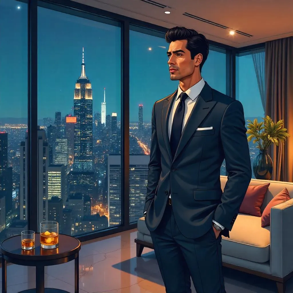 Elegant Latino Gentleman in a Penthouse Cartoon