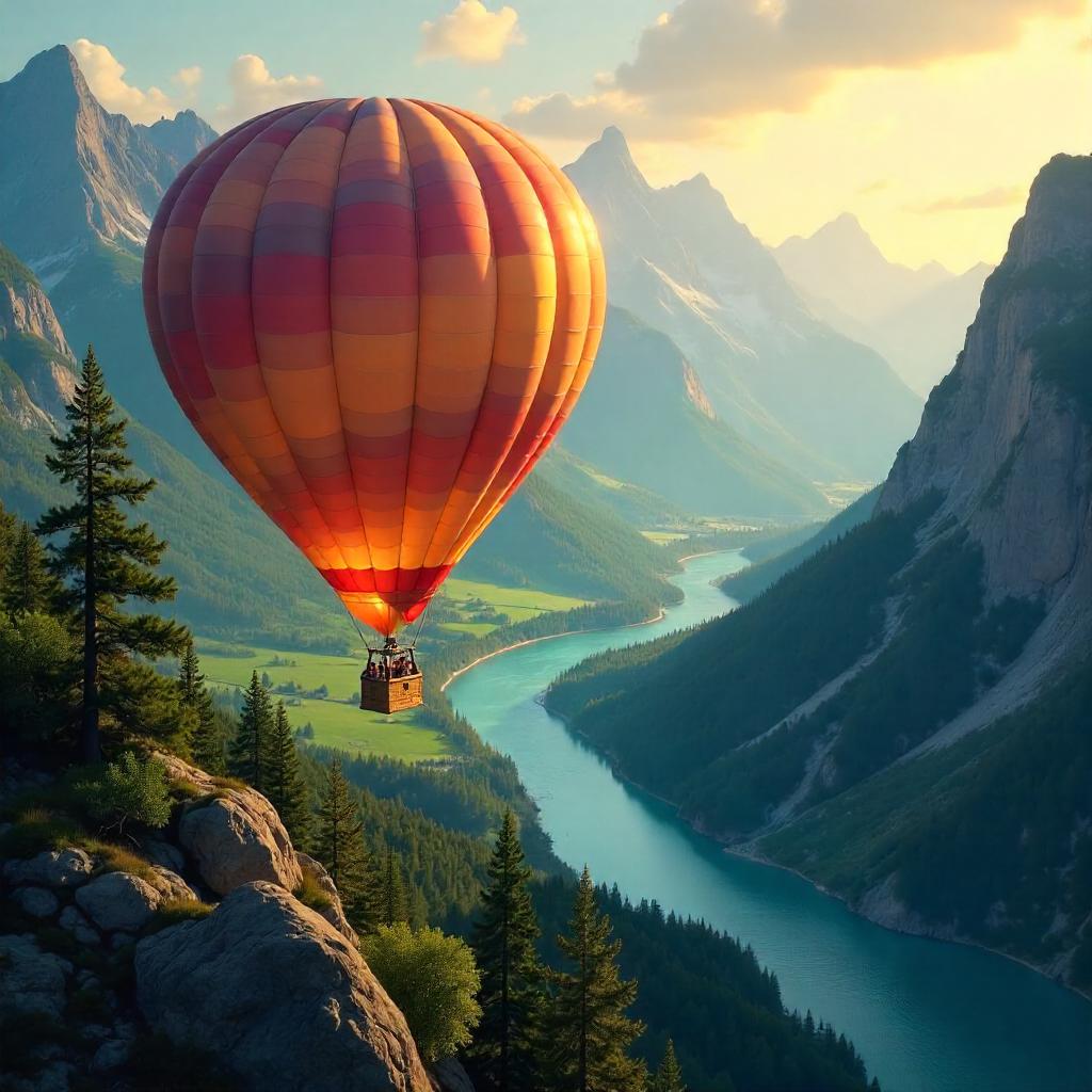 Sunlit Mountain Valley Hot Air Balloons in Digital Art