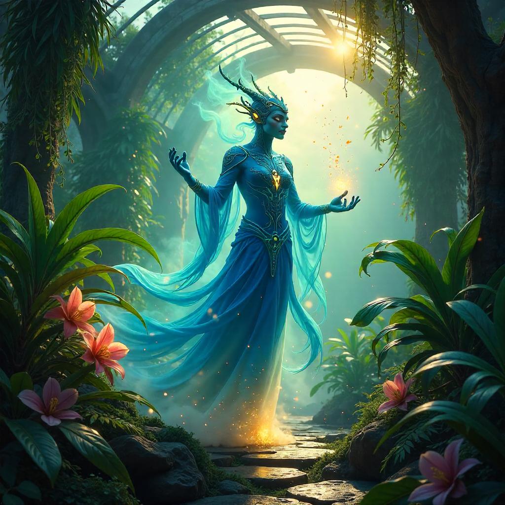 Djinn Concept Art in a Lush Botanical Garden