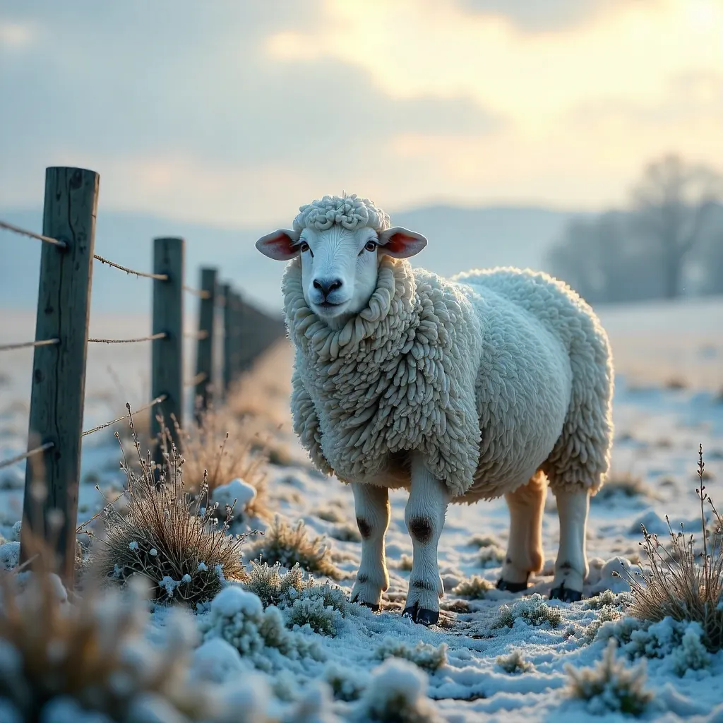 Curious White Sheep on a Winter Countryside Pasture