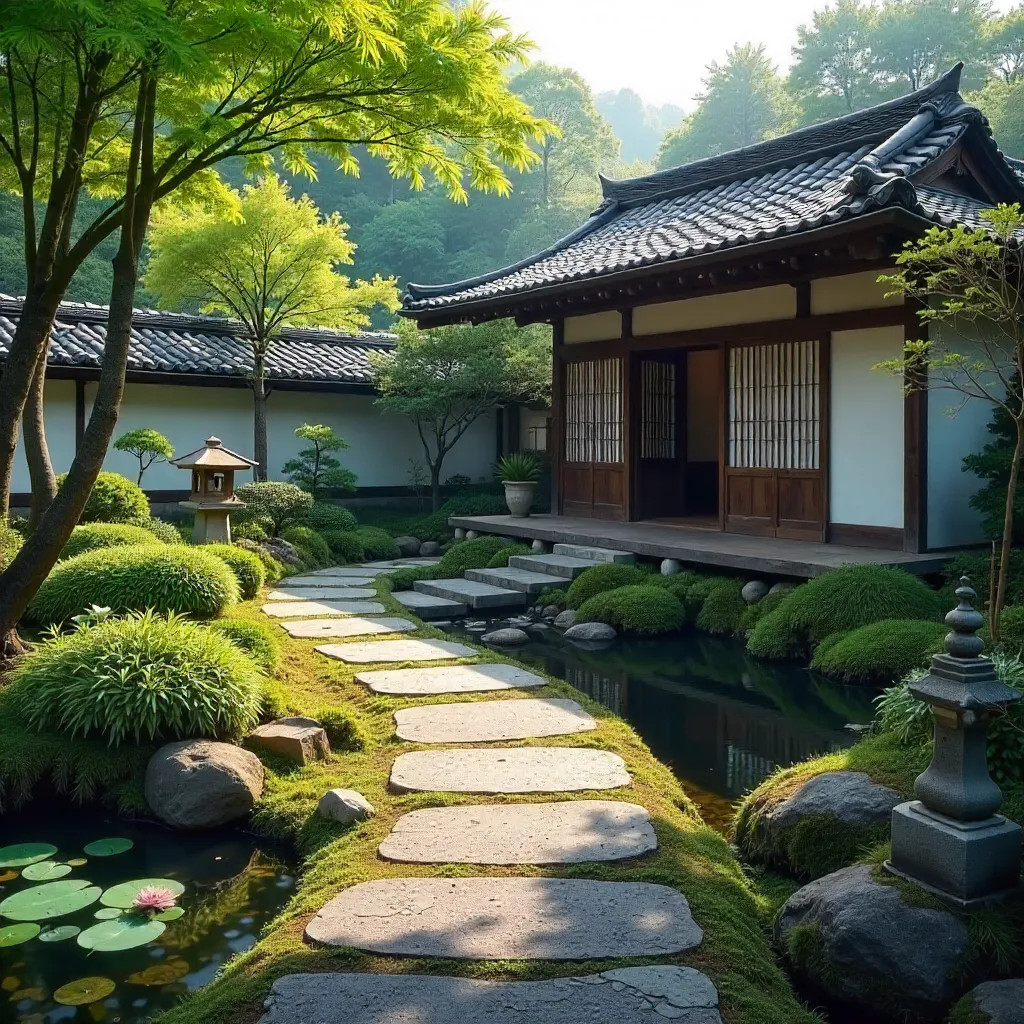 Stone Path to a Traditional Japanese House in a Tranquil Garden