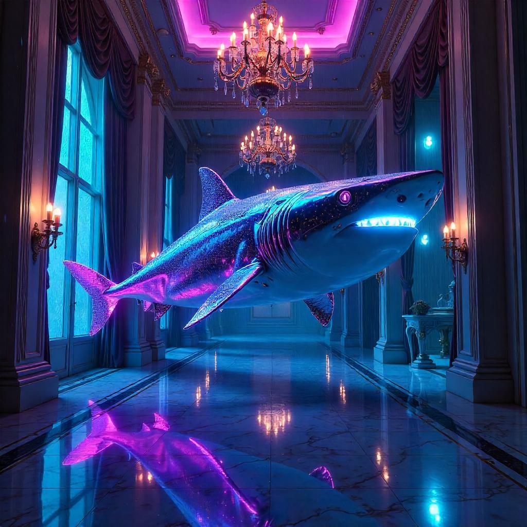 Neon Shark Haunts a Cyberpunk Mansion