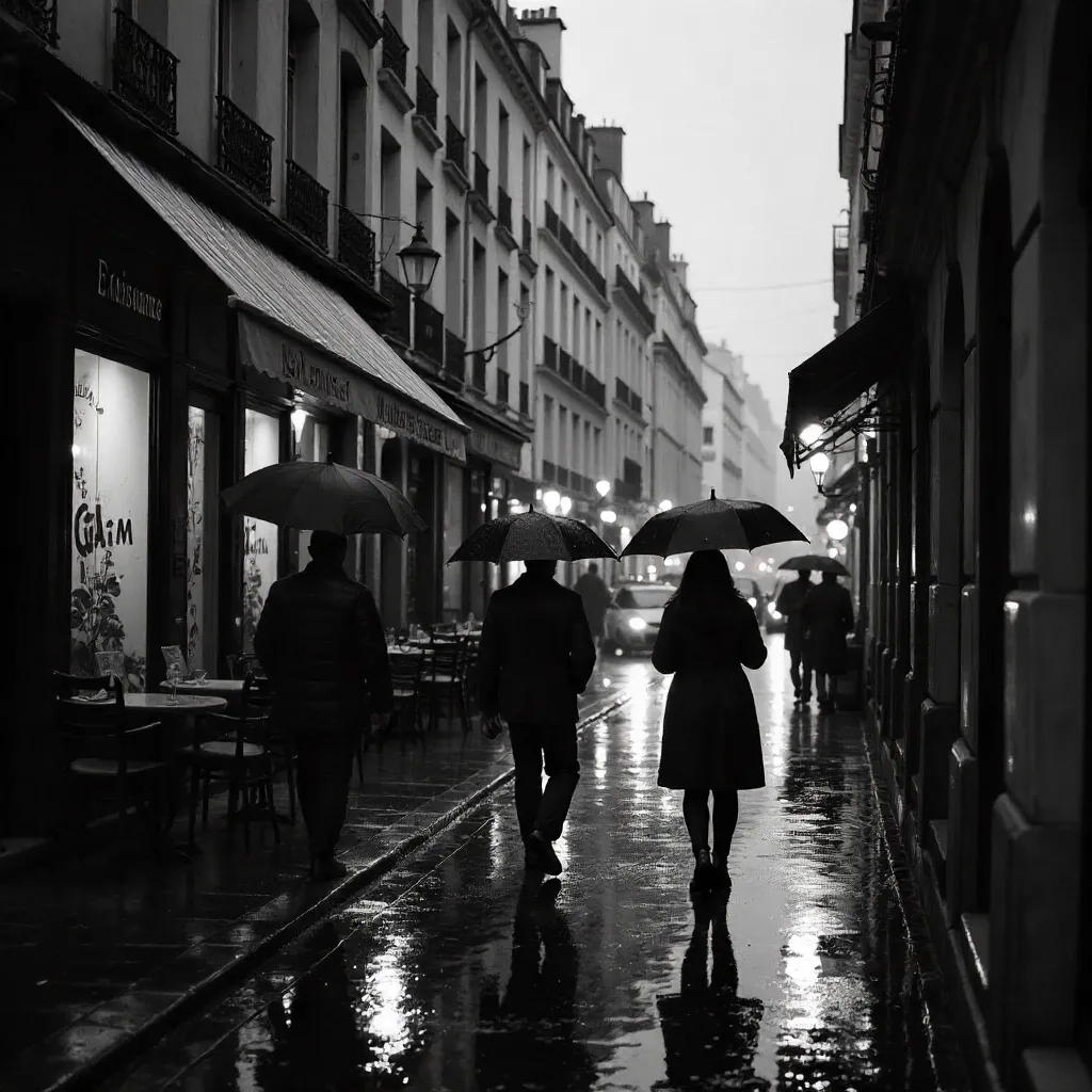 Monochrome Rain on a Parisian Street