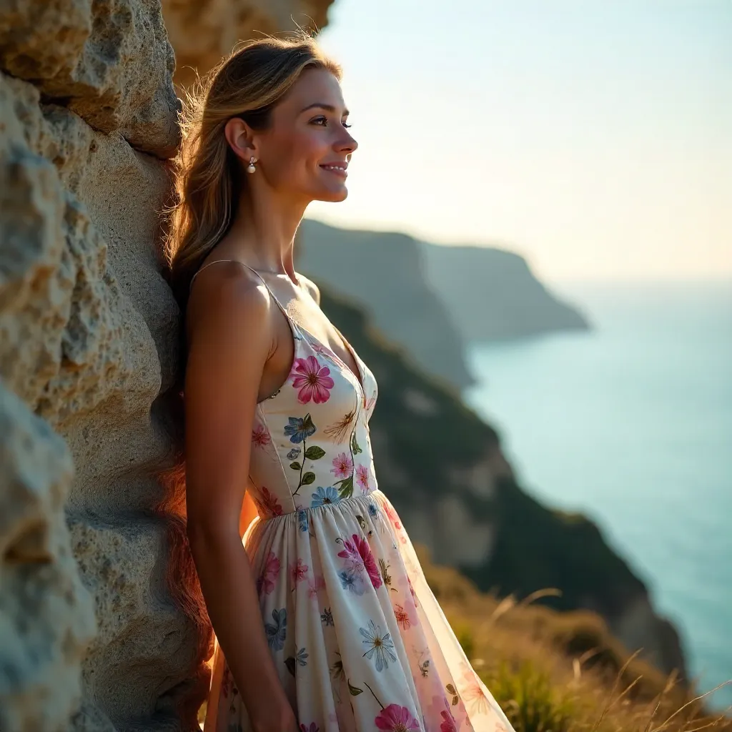 Elegance by the Cliff: Floral Dress Portrait