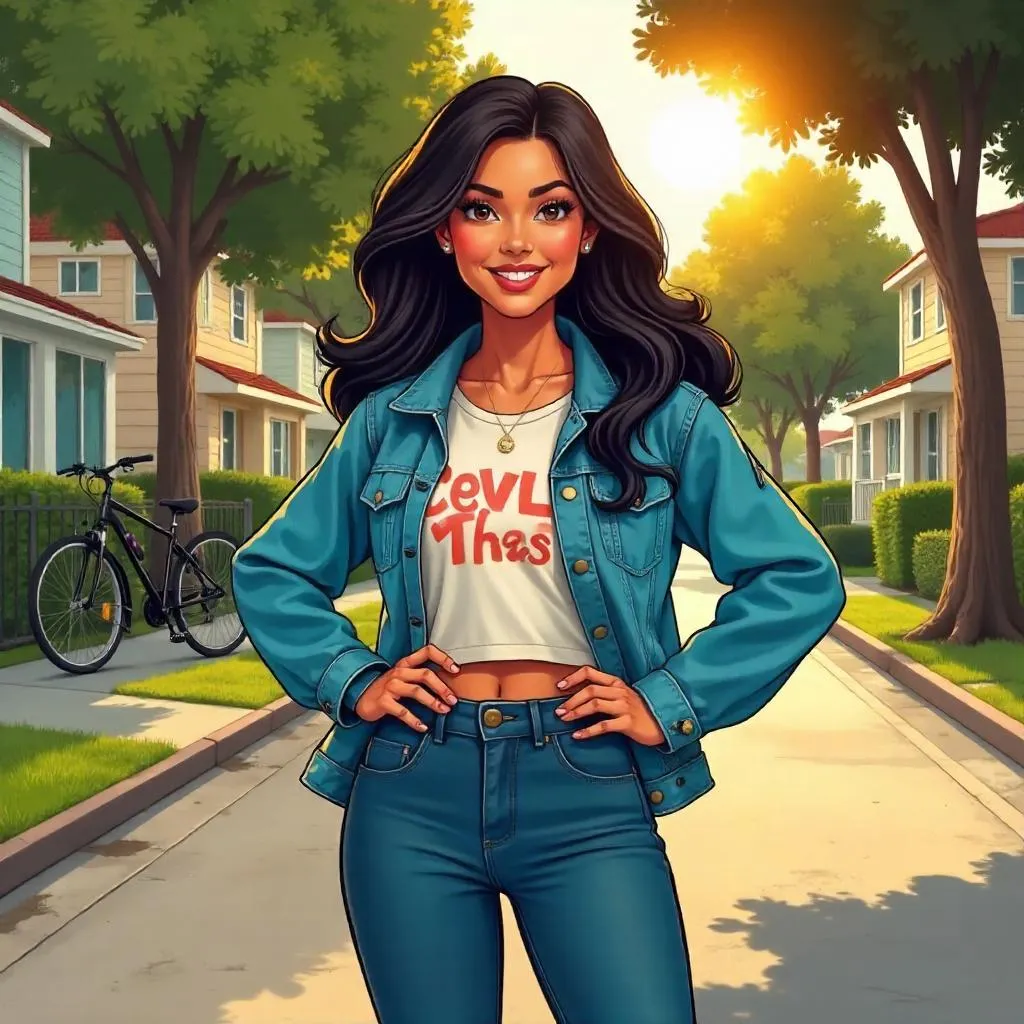Confident Latina Woman in a Suburban Cartoon Scene