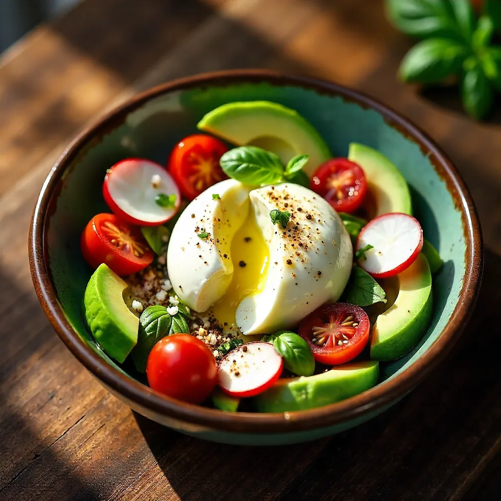 Fresh Burrata Salad in Rustic Ceramic Bowl