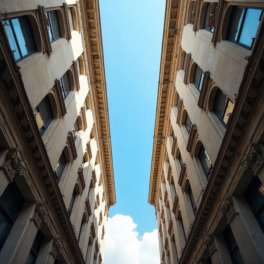 Upward View of Symmetrical Architecture Framing a Blue Sky