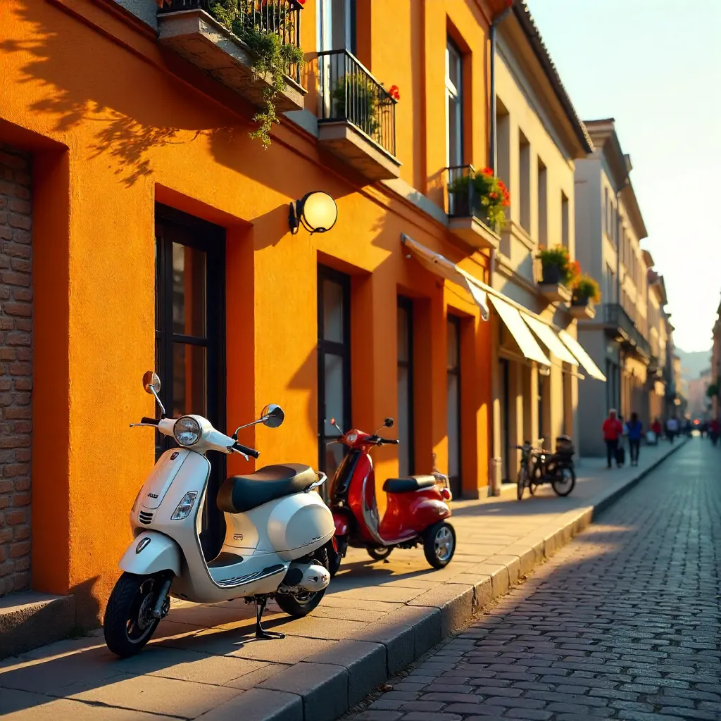 Sunny Orange Building with Scooters and Tricycle