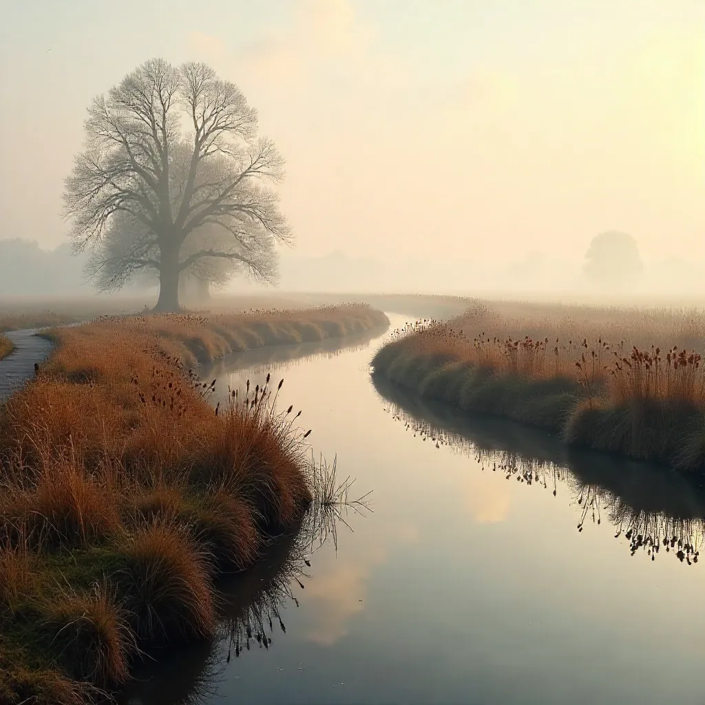 Mist Over England's Marshland at Autumn Dawn