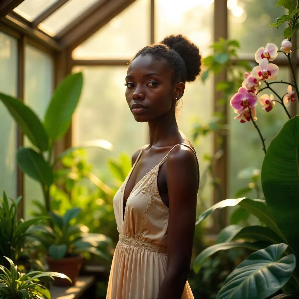 Sunlit elegance: Black girl in a greenhouse