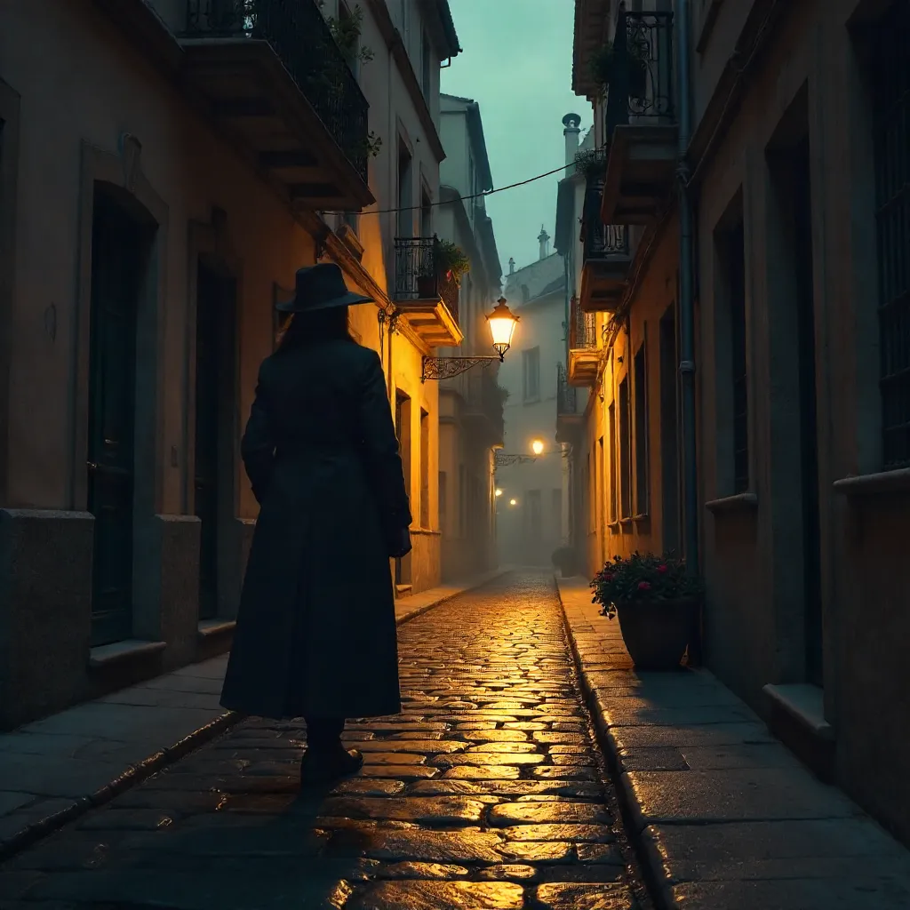 Silhouette in a Narrow European Cobblestone Alley