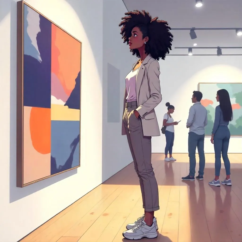 Anime-Style Young Black Woman in an Art Gallery