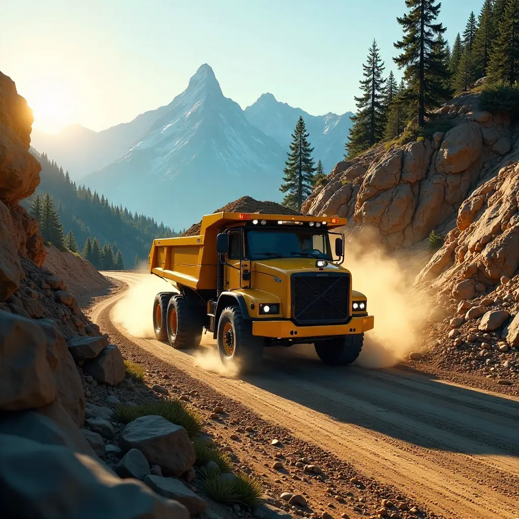 Yellow Dump Truck on a Winding Mountain Unpaved Road
