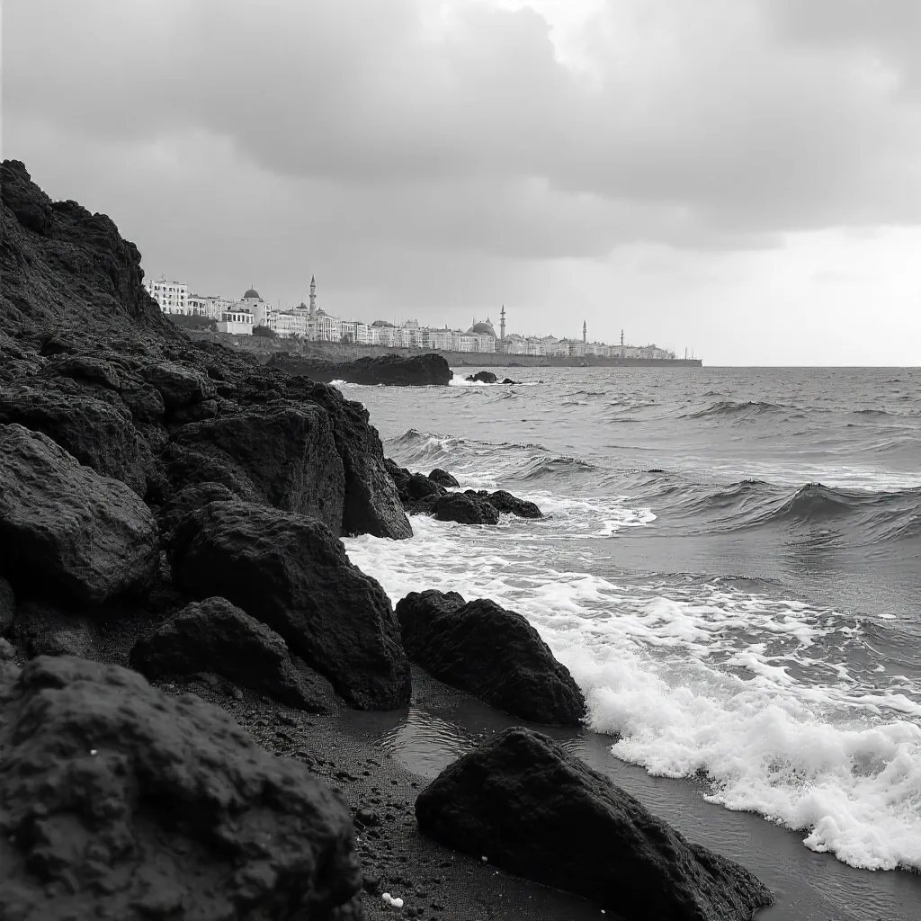 Monochrome Rabat Coastline with Distant Cityscape
