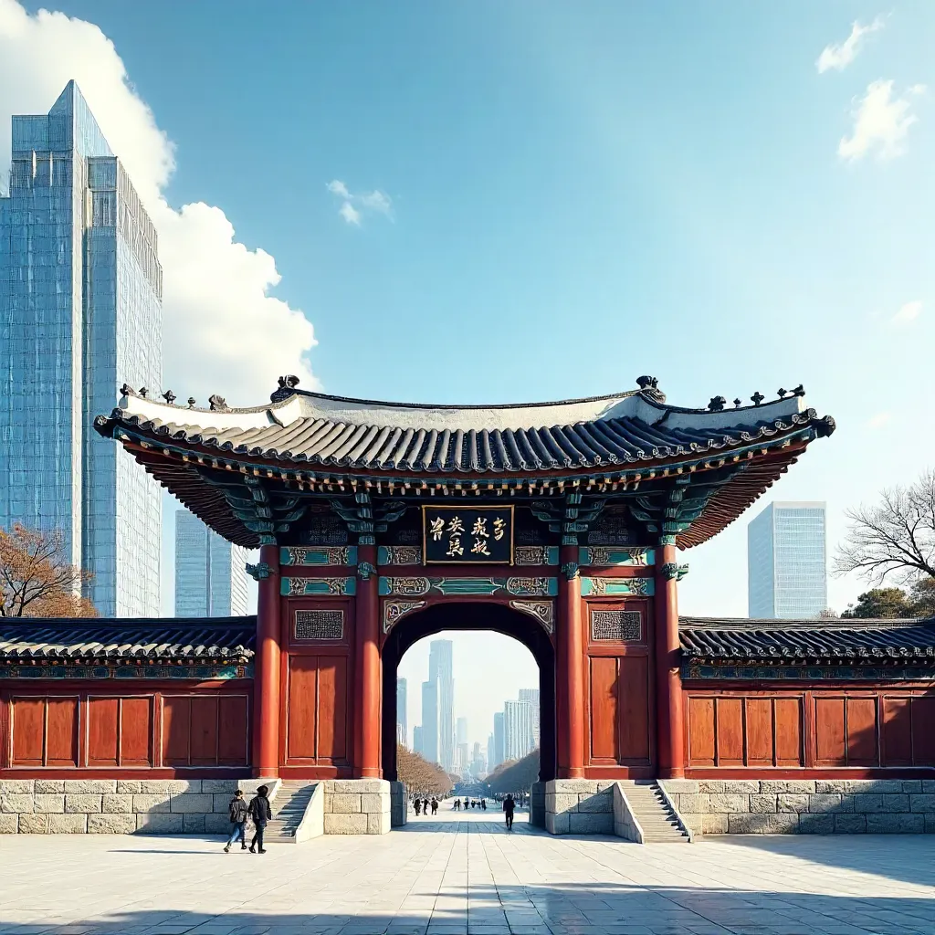 Historic Korean Gate Amidst Seoul Skyscrapers