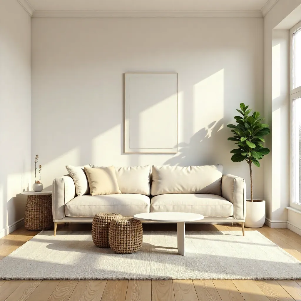 Elegant Minimalist Beige Sofa with Woven Stools