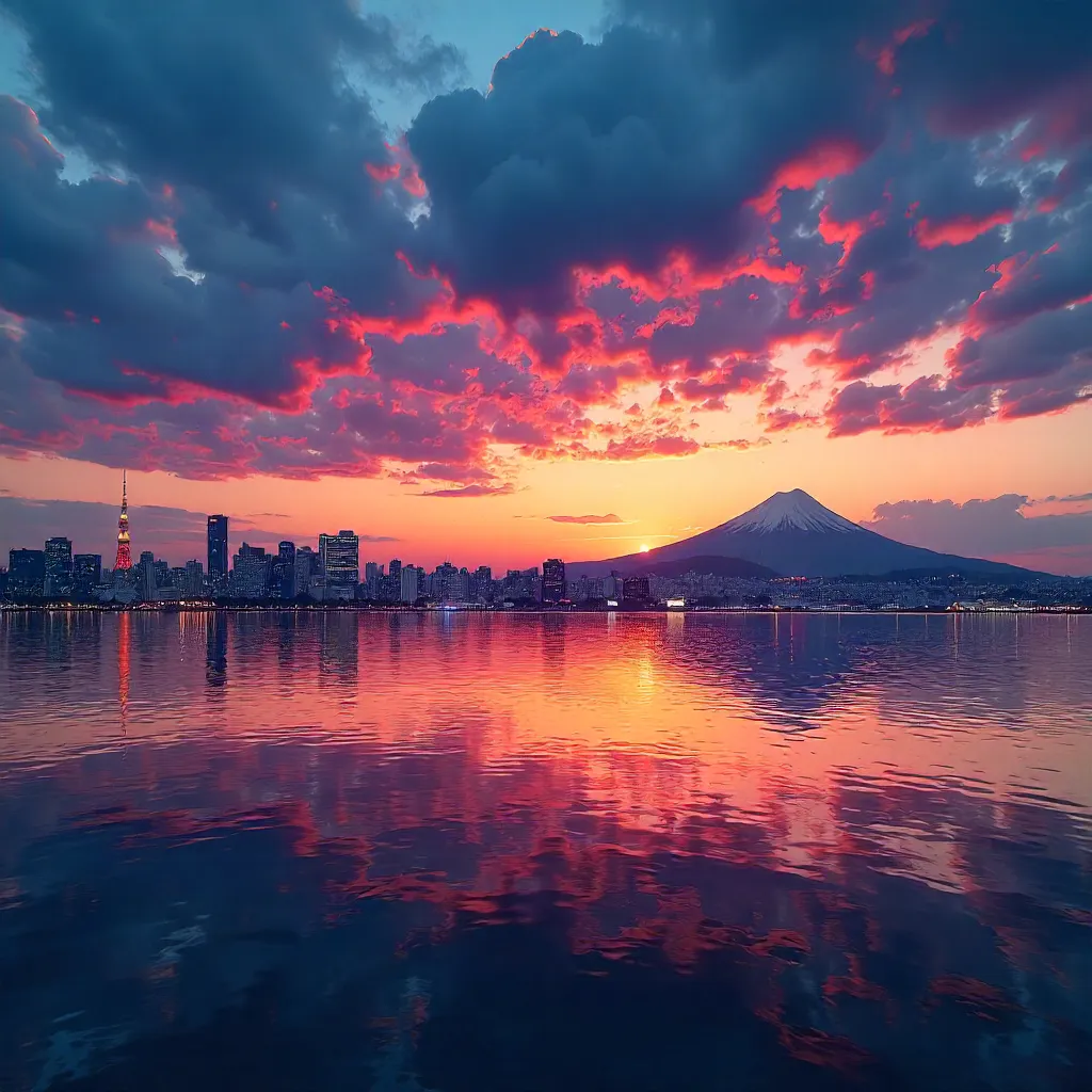 Sunset Silhouette: Tokyo Skyline and Mount Fuji