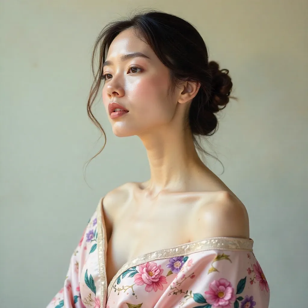 Serene Floral Fabric Portrait of an Elegant Woman