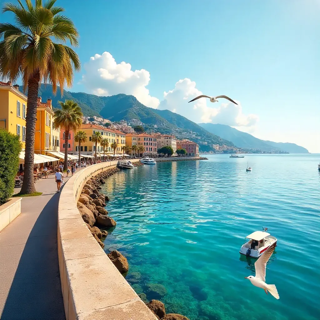 Sunlit Nice Coast: Turquoise Waters and Palm Trees