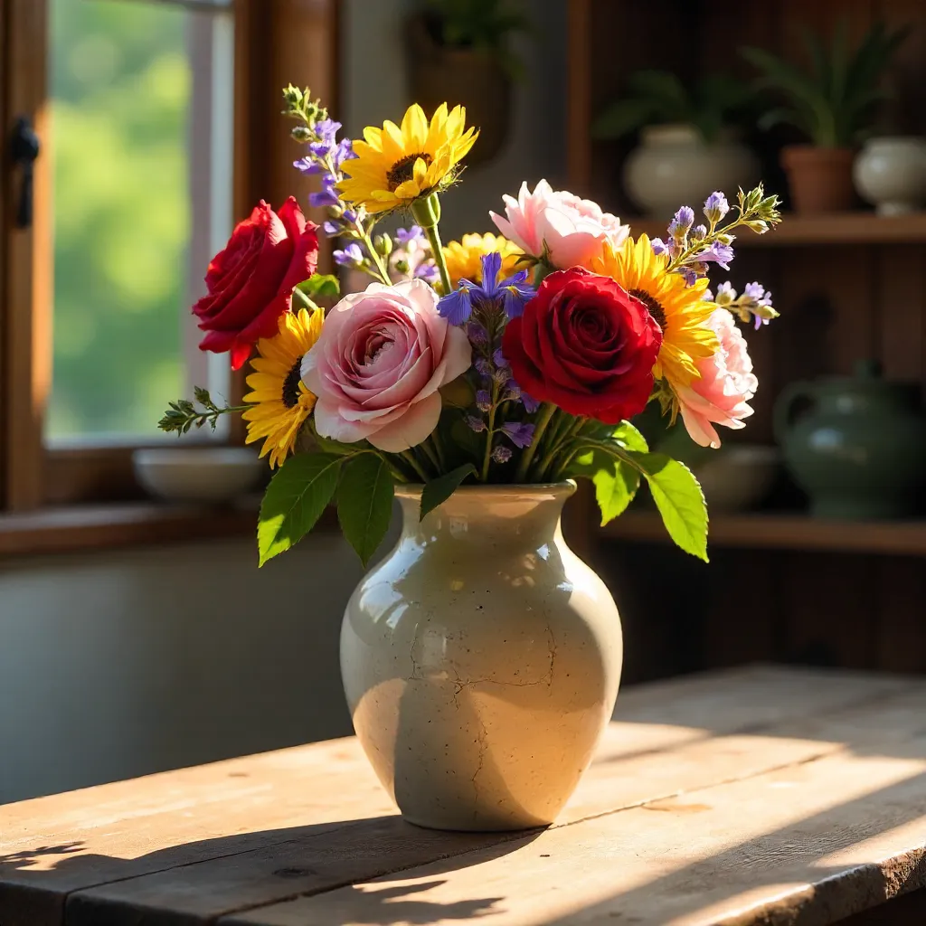 Sunlit Rustic Vase with Vibrant Flowers