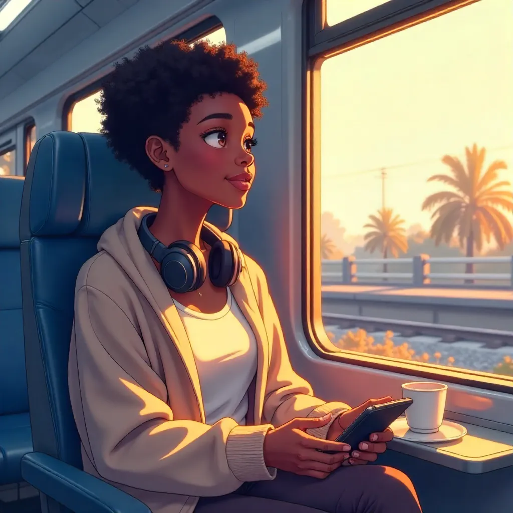 Anime Style Moment: Young Black Woman on a Train