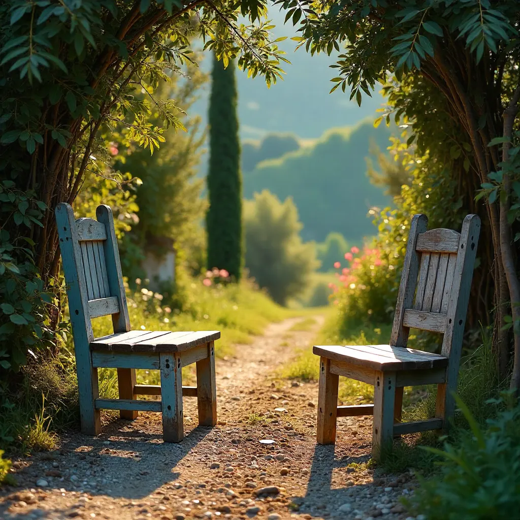 Three Rustic Wooden Chairs in a Lush Antalya Garden