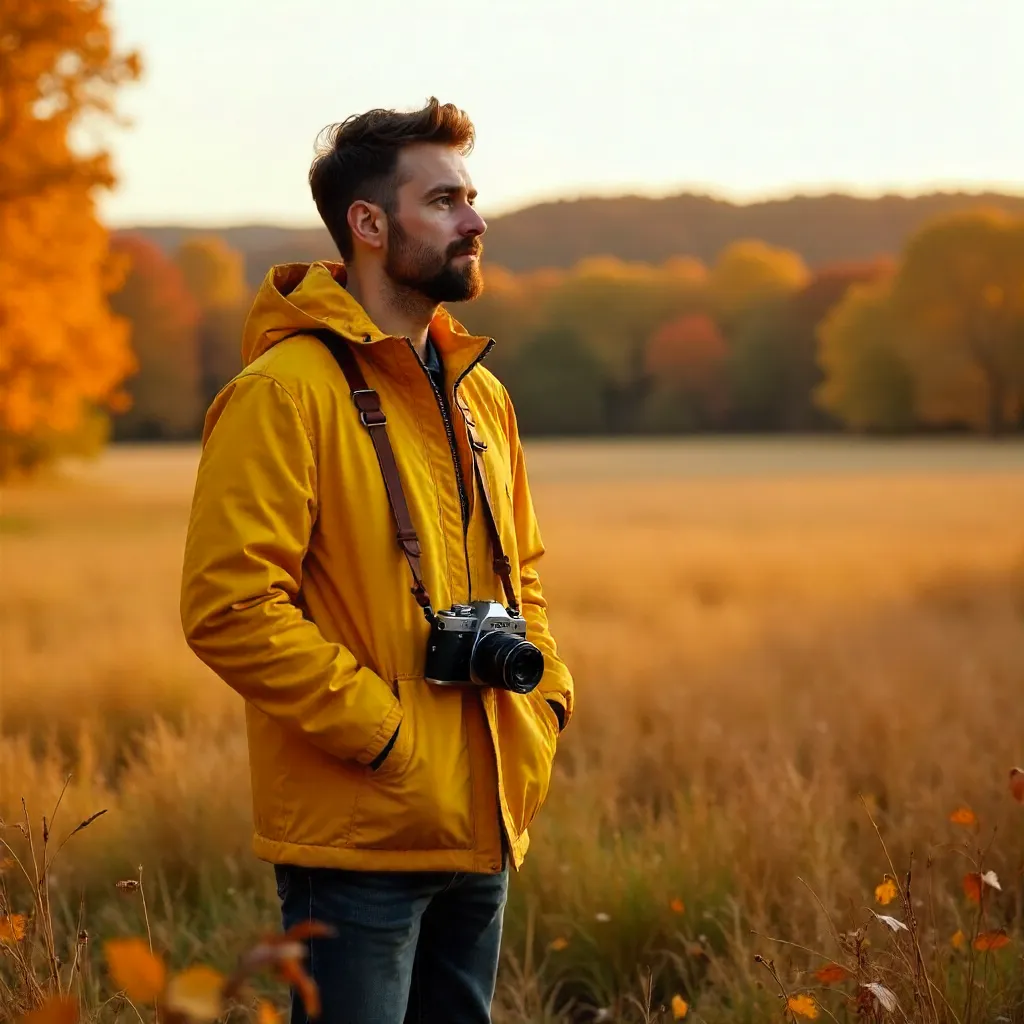 Autumn Field Portrait: Man in Yellow Jacket with Camera