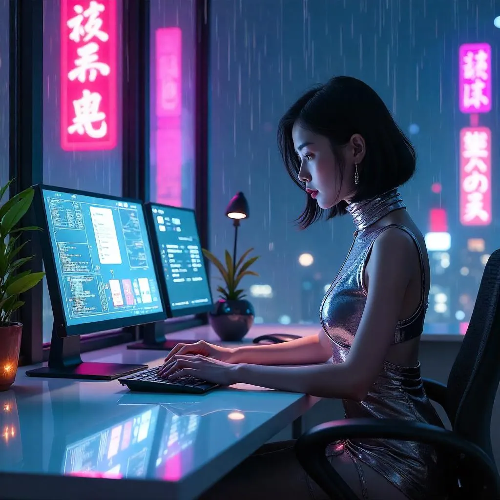 Cyberpunk Elegance in a Neon Workspace