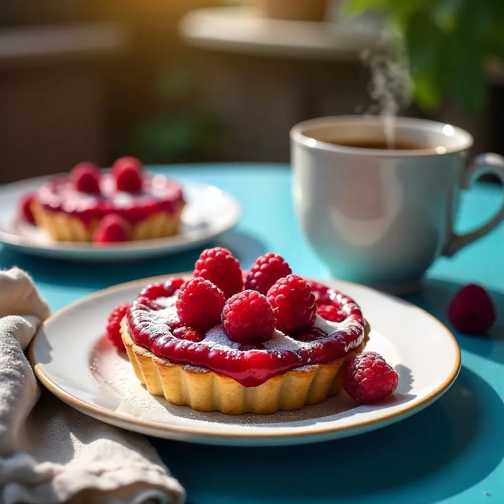 Raspberry Tart and Coffee on a Bright Blue Table