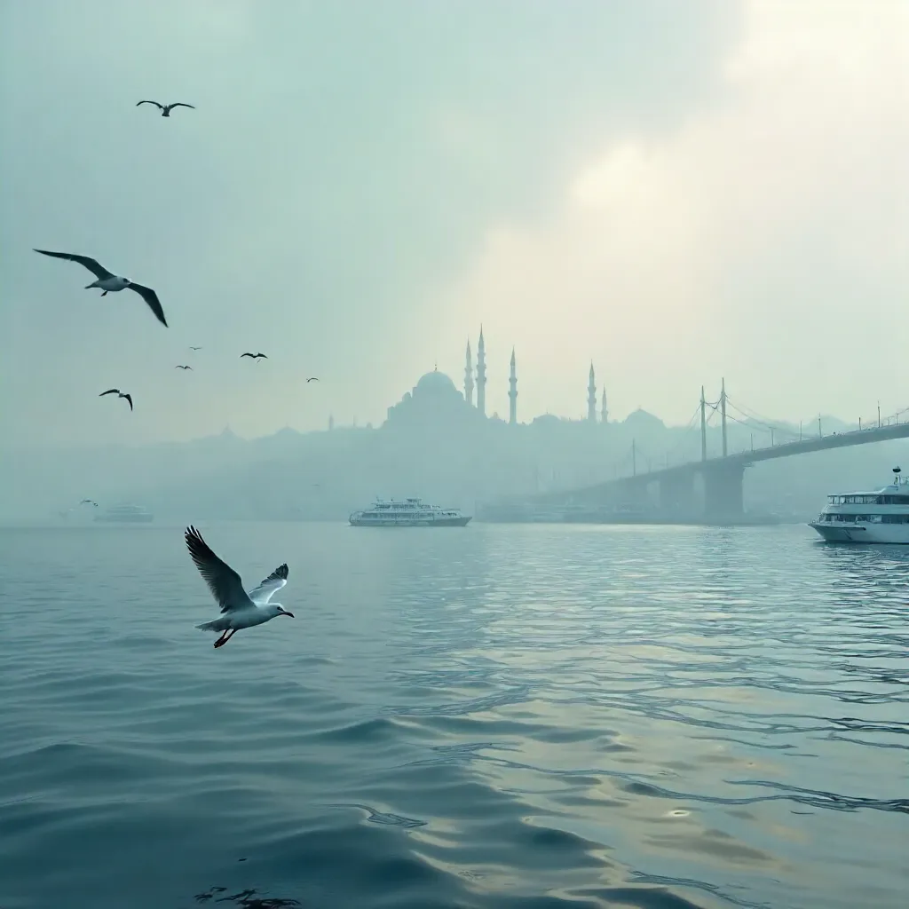 Flock Over Foggy Bosphorus: Istanbul Silhouettes