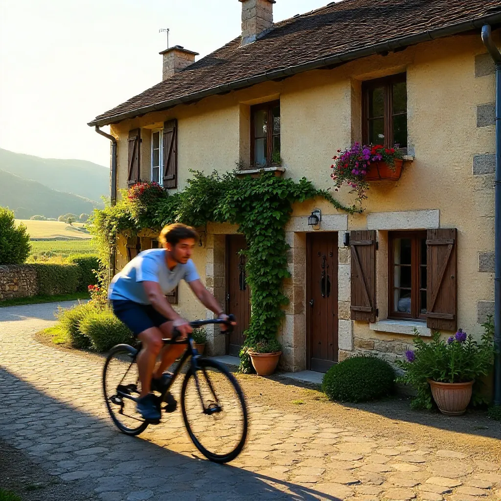 Blurred Cyclist and Rustic Cottage in Nuova Aquitania
