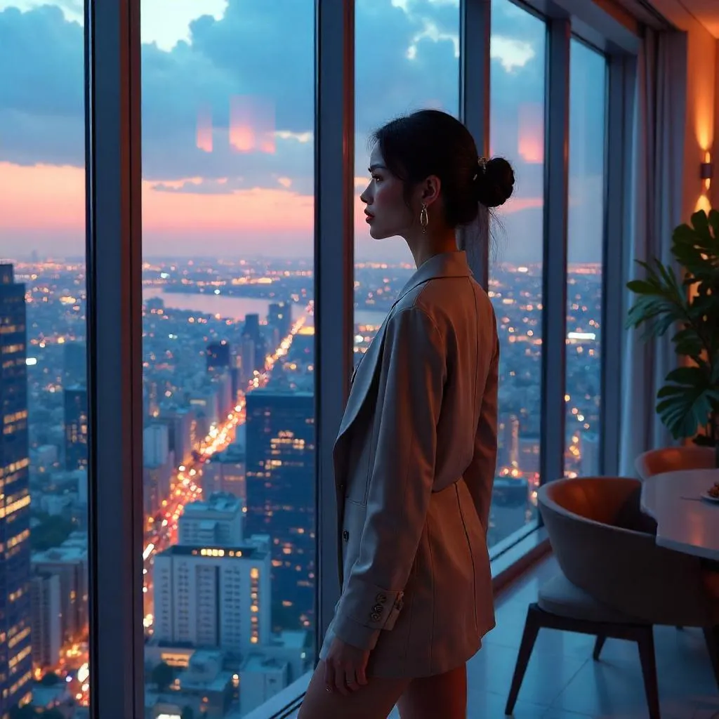 Urban Elegance: Asian Woman in a Penthouse