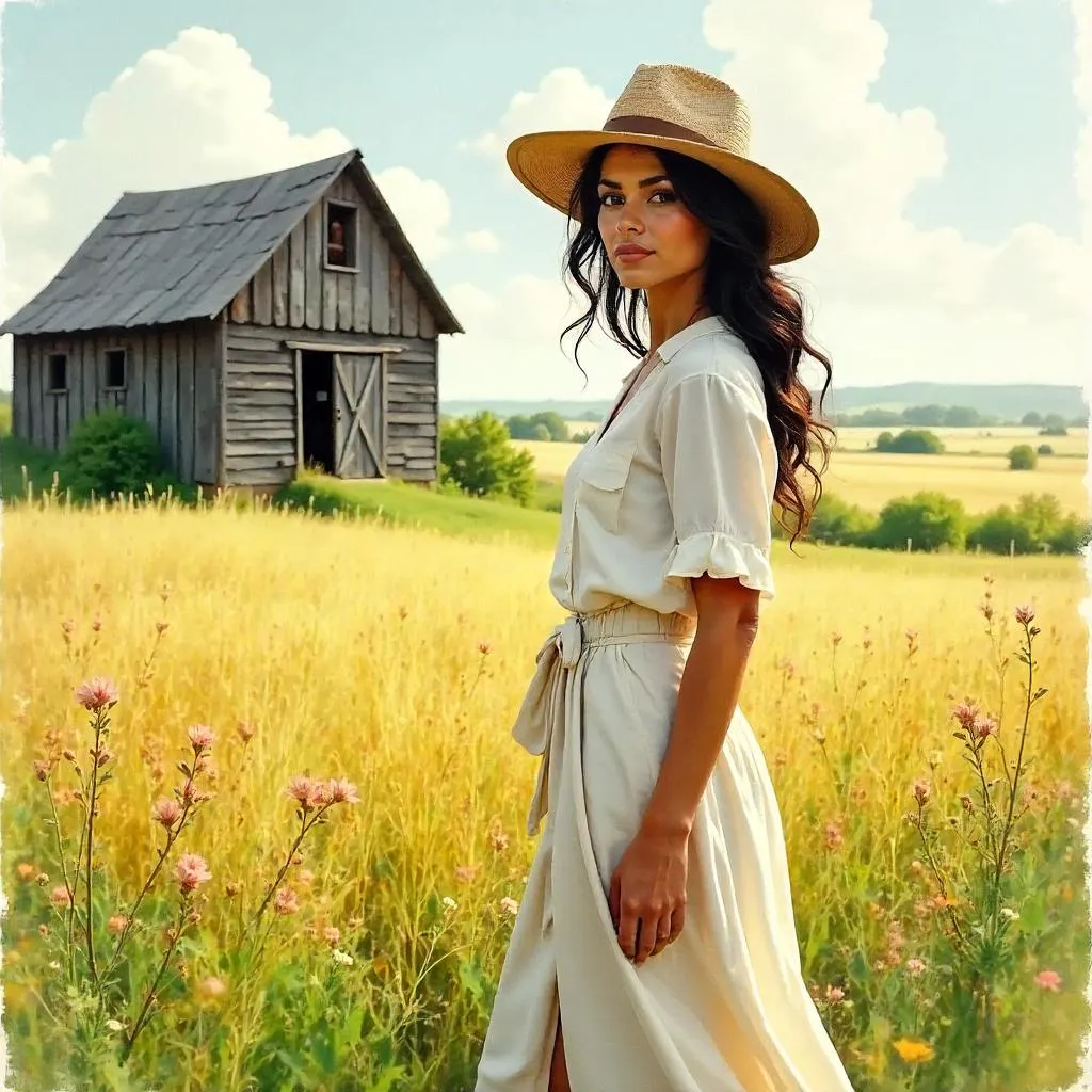 Latina Beauty in Watercolor on a Farm
