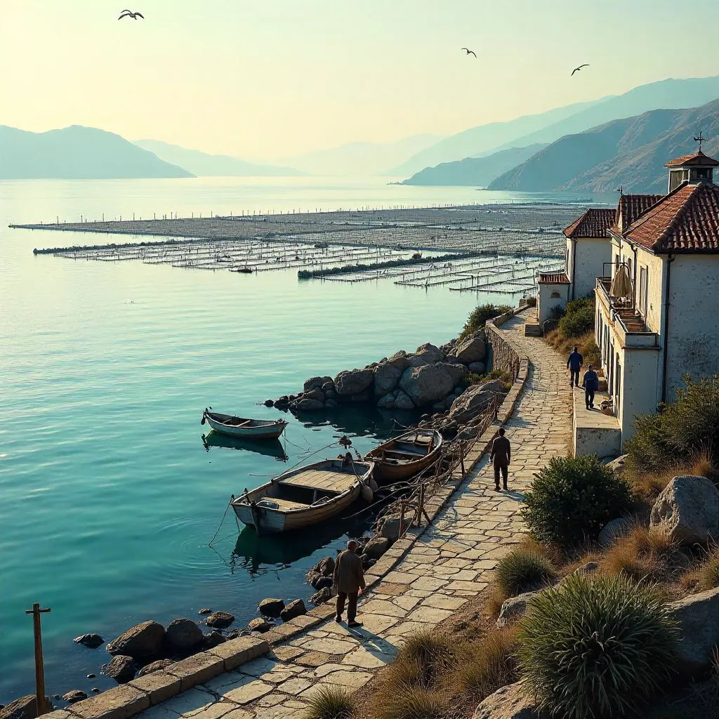 Serene Coastal Village Over Expansive Sea Farms