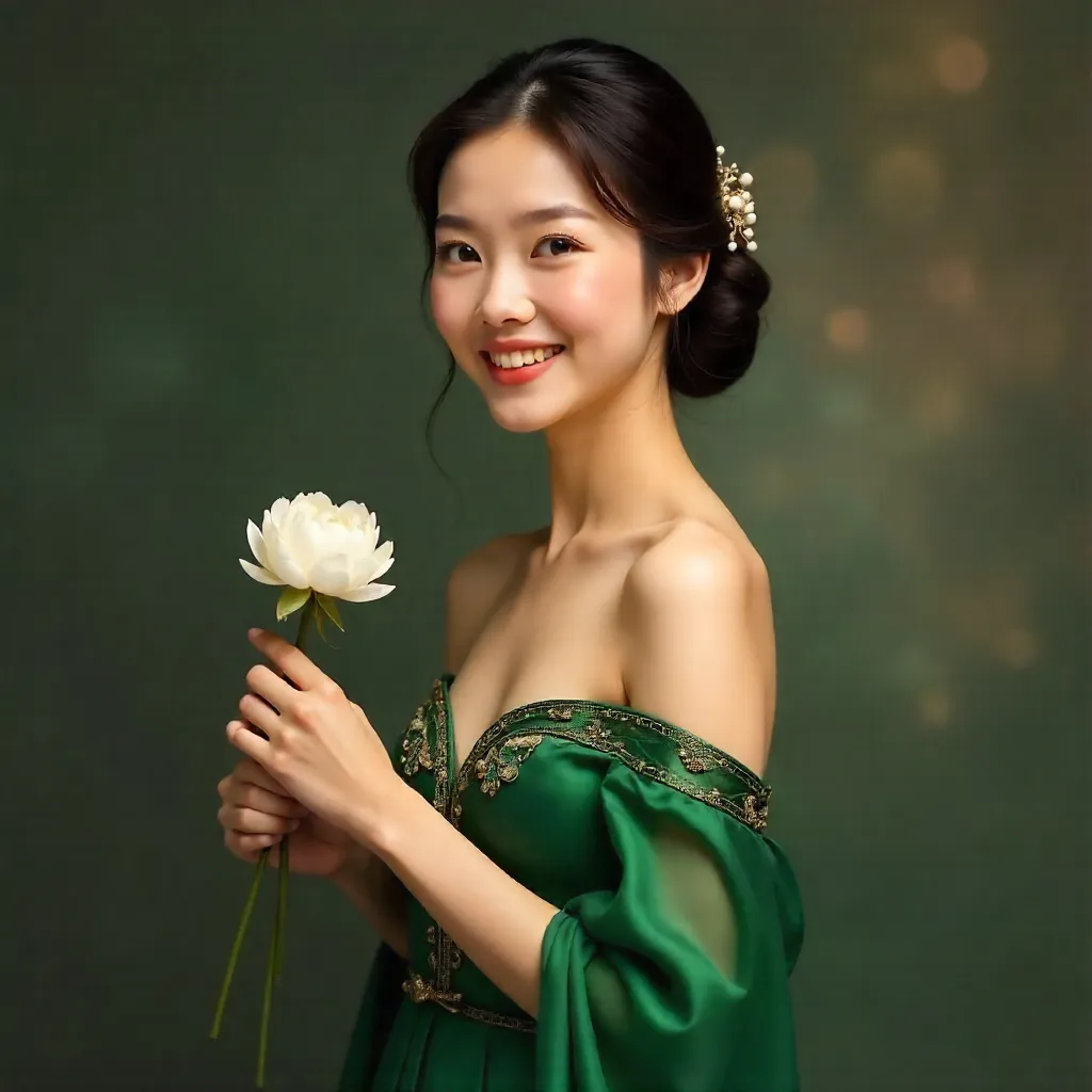 Elegant Asian Woman Portrait Holding a Flower in Soft Light