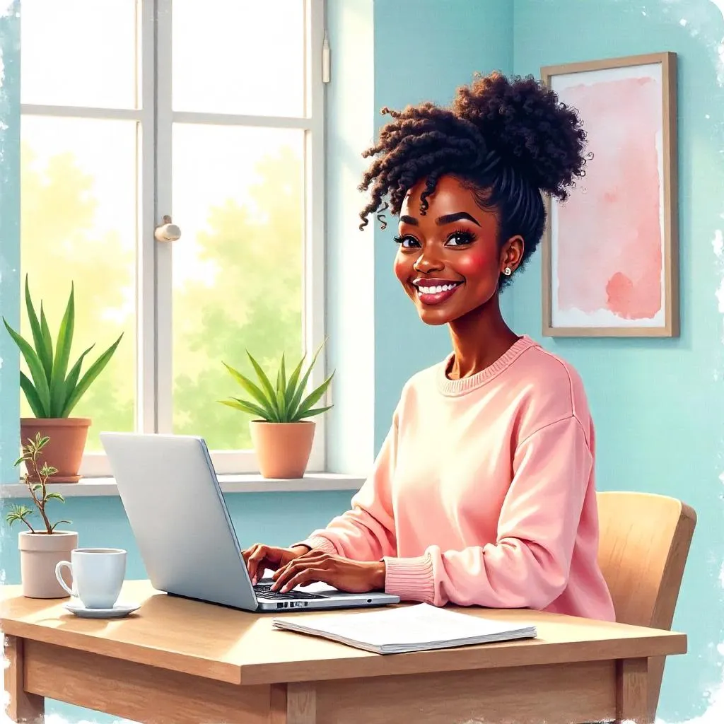 Cheerful Black Woman in a Watercolor Workspace