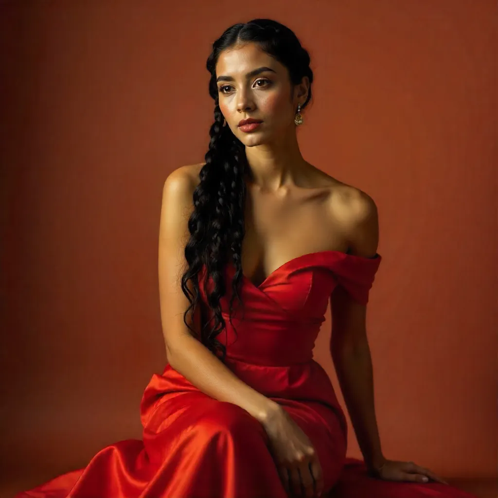 Graceful Red Dress Portrait with Long Braids