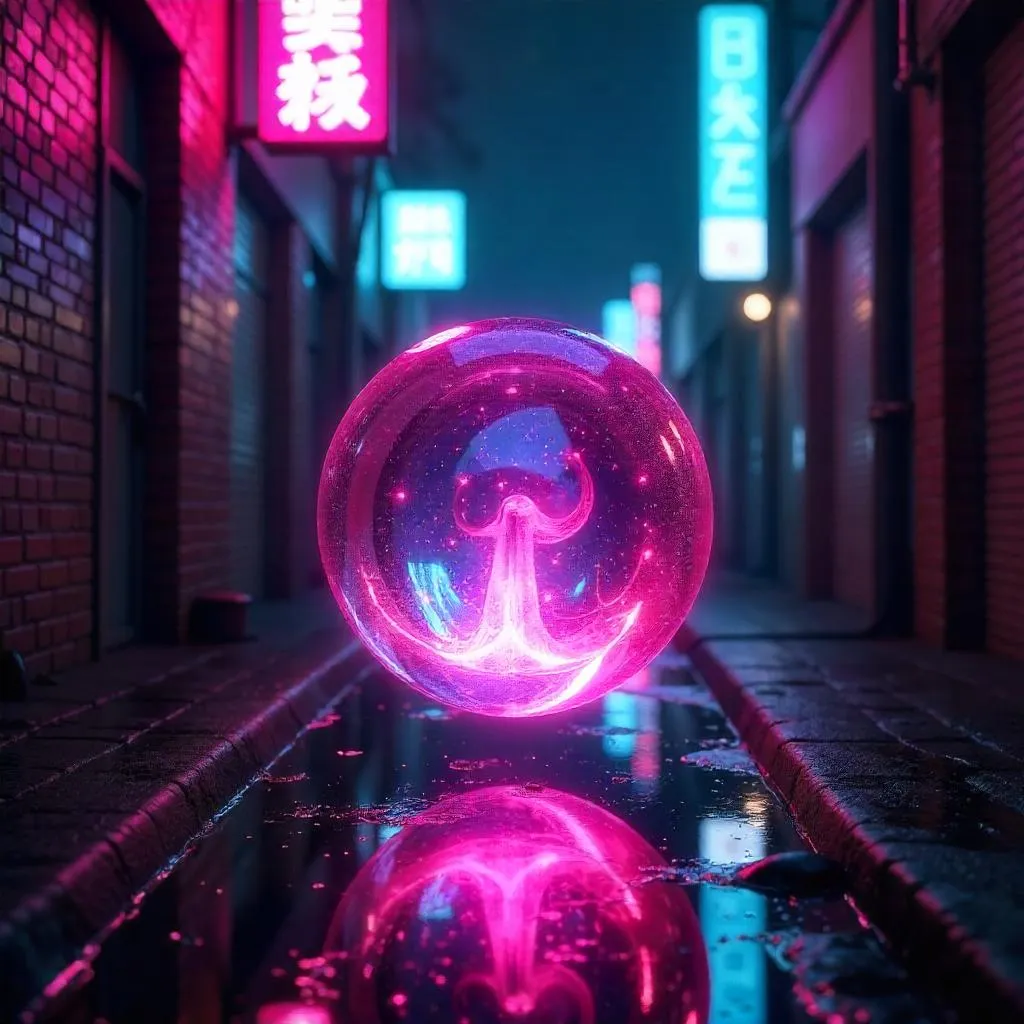 Neon Spirit Orb in the Rainy Alley