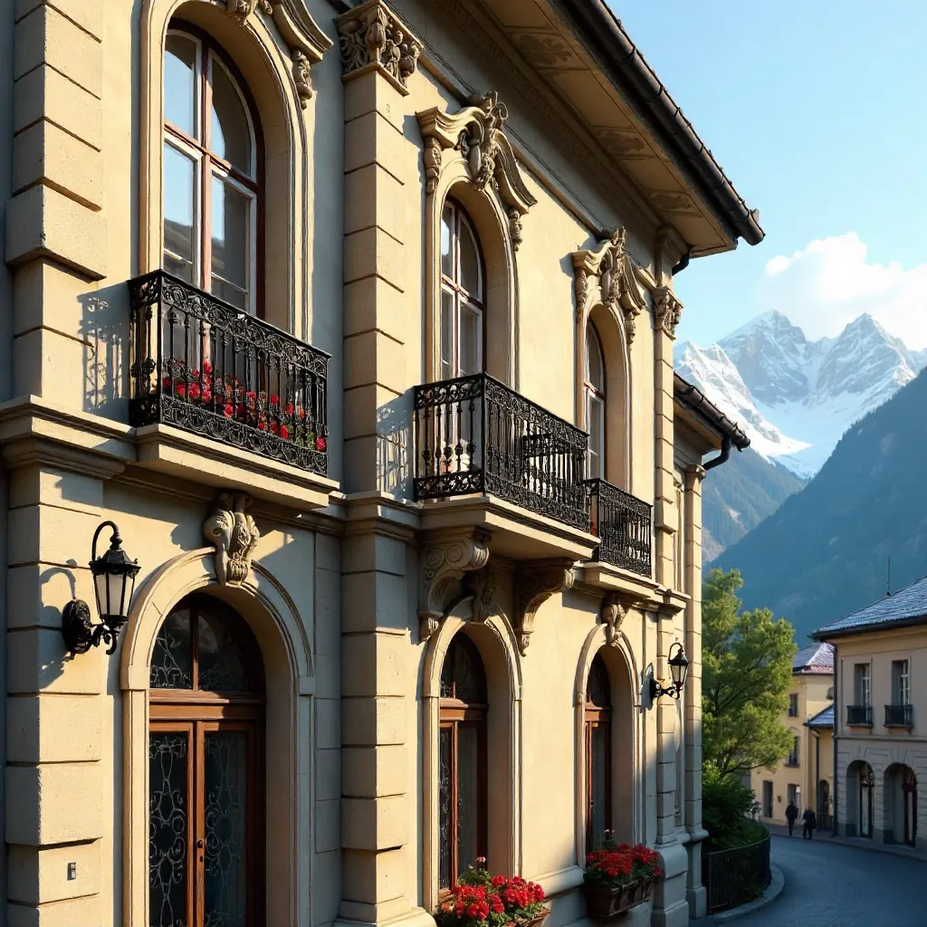 Swiss Facade of Intricate Ironwork and Classical Elegance