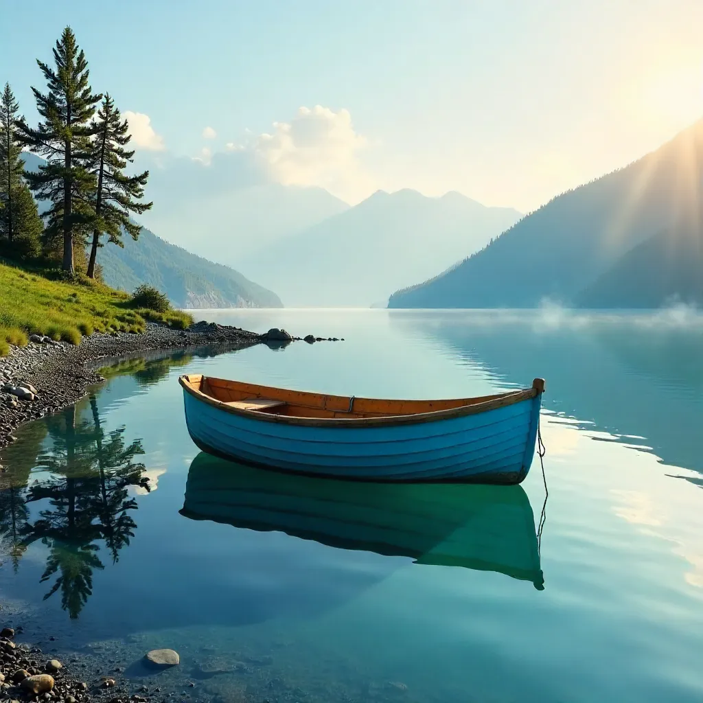 Blue Boat Reflections on a Tranquil Lake