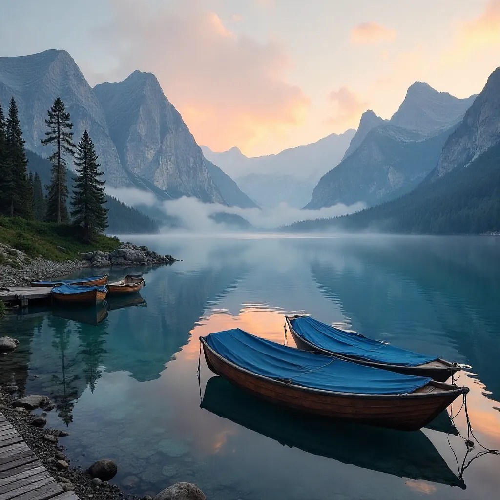 Dawn on a Tranquil Mountain Lake with Covered Boats